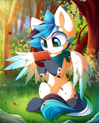 Size: 2986x3716 | Tagged: safe, artist:kaleido-art, oc, oc only, oc:trailblazer, species:pegasus, species:pony, 3ds, bandana, colored wings, forest, male, multicolored wings, scenery, sitting, solo, stallion