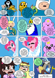 Size: 800x1133 | Tagged: safe, artist:imbriaart, character:discord, character:pinkie pie, species:dog, species:draconequus, species:earth pony, species:human, species:pony, comic:magic princess war, adventure time, comic, crossdressing, crossover, disguise, finn the human, fionna, ice king, jake the dog, lumpy space princess, marceline, marco diaz, star butterfly, star vs the forces of evil, suggestive series