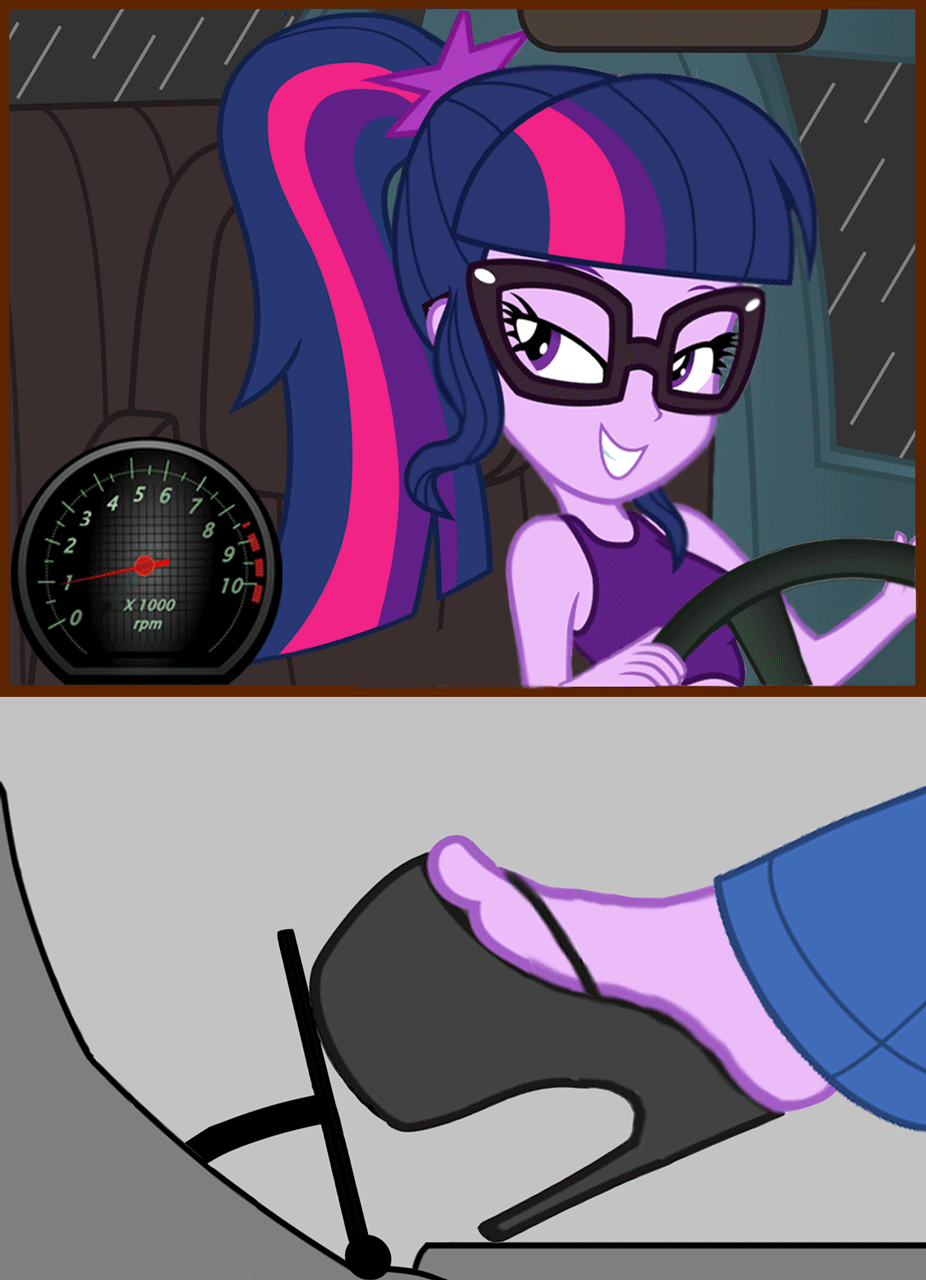 Size: 926x1280 | Tagged: safe, artist:ampersandxyz, artist:colonel-majora-777, edit, character:twilight sparkle, character:twilight sparkle (scitwi), species:eqg human, my little pony:equestria girls, animated, clothing, cropped, driving, feet, female, high heels, legs, pedal, pictures of legs, platform heels, platform shoes, revving, shoes, solo