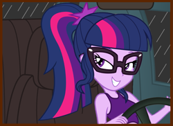 Size: 1139x830 | Tagged: safe, artist:ampersandxyz, artist:colonel-majora-777, edit, character:twilight sparkle, character:twilight sparkle (scitwi), species:eqg human, my little pony:equestria girls, bedroom eyes, car, car interior, clothing, cute, driving, female, glasses, grin, ponytail, show accurate, smiling, solo, steering wheel