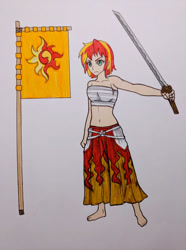 Size: 469x631 | Tagged: safe, artist:metalamethyst, character:sunset shimmer, my little pony:equestria girls, alternate hairstyle, barefoot, breast binding, crossover, erza scarlet, fairy tail, feet, flag, katana, sarashi, scar, short hair, sword, traditional art, weapon