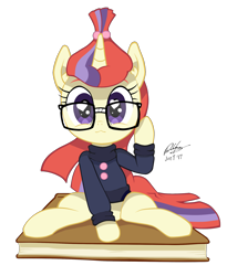Size: 1838x2240 | Tagged: dead source, safe, artist:theratedrshimmer, character:moondancer, species:pony, species:unicorn, :3, book, clothing, cute, dancerbetes, female, glasses, heart eyes, looking at you, mare, simple background, sitting, smiling, solo, sweater, transparent background, wingding eyes
