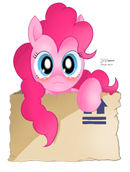 Size: 1840x2418 | Tagged: safe, artist:theratedrshimmer, character:pinkie pie, species:earth pony, species:pony, :3, blushing, cute, diapinkes, female, looking at you, mare, package, raised hoof, simple background, smiling, solo, transparent background