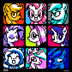 Size: 420x420 | Tagged: safe, artist:theratedrshimmer, character:applejack, character:fluttershy, character:pinkie pie, character:princess celestia, character:princess luna, character:rainbow dash, character:rarity, character:trixie, character:twilight sparkle, species:earth pony, species:pegasus, species:pony, species:unicorn, clothing, colored background, eyes closed, female, hat, looking at you, mare, one eye closed, open mouth, pixel art, raised hoof, smiling, trixie's hat, wink
