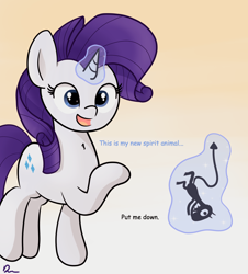 Size: 1280x1416 | Tagged: safe, artist:badponyvectors, character:rarity, species:pony, species:unicorn, abstract background, chest fluff, crossover, disenchantment, female, luci, magic, mare, open mouth, pointing, raised hoof, simple background, smiling, text, white background