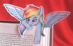 Size: 4625x2906 | Tagged: safe, artist:rysunkowasucharia, character:rainbow dash, species:pegasus, species:pony, book, bookmark, colored pencil drawing, cute, cutout, female, irl, mare, marker drawing, observation on the spot, photo, polish, ponies in real life, pony bookmark, solo, text, traditional art