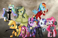 Size: 1330x861 | Tagged: safe, artist:musapan, character:applejack, character:fluttershy, character:pinkie pie, character:princess celestia, character:rainbow dash, character:rarity, character:twilight sparkle, avengers, black widow (marvel), captain america, crossover, flutterhulk, hawkeye, hilarious in hindsight, iron man, mane six, marvel, nick fury, parody, plot, s.h.i.e.l.d., the incredible hulk, thor