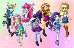 Size: 4404x2856 | Tagged: safe, artist:chibi-jen-hen, character:applejack, character:fluttershy, character:pinkie pie, character:rainbow dash, character:rarity, character:spike, character:spike (dog), character:sunset shimmer, character:twilight sparkle, character:twilight sparkle (scitwi), species:dog, species:eqg human, g4, my little pony: equestria girls, my little pony:equestria girls, boots, clothing, converse, cowboy boots, cowboy hat, feet, female, geode of empathy, geode of fauna, geode of shielding, geode of sugar bombs, geode of super speed, geode of super strength, geode of telekinesis, hat, humane five, humane seven, humane six, looking at you, magical geodes, open mouth, sandals, shoes, sneakers