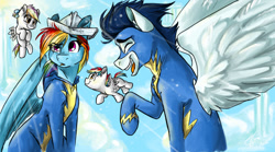 Size: 1440x803 | Tagged: safe, artist:vago-xd, character:rainbow dash, character:soarin', oc, parent:rainbow dash, parent:soarin', parents:soarindash, ship:soarindash, clothing, cute, female, flying, hat, laughing, male, offspring, paper hat, shipping, spread wings, straight, uniform, wings, wonderbolts uniform
