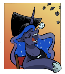 Size: 882x1002 | Tagged: safe, artist:leavingcrow, character:princess luna, species:alicorn, species:pony, clothing, female, graduation cap, hat, mare, open mouth, sleeping, snoring, snot bubble, solo