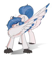 Size: 1800x2160 | Tagged: safe, artist:dodo, oc, oc only, oc:delta dart, species:hippogriff, species:pony, blue hair, blue mane, blue tail, commission, dab, digital art, male, signature, simple background, solo, spread wings, stallion, white background, wing dab, wings, ych result
