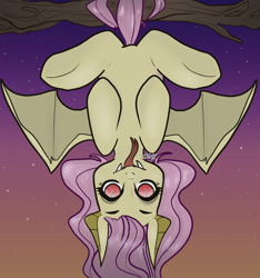 Size: 1515x1616 | Tagged: safe, artist:incapacitatedvixen, character:flutterbat, character:fluttershy, species:bat pony, species:pony, bat wings, fangs, female, full body, hanging, looking at you, prehensile tail, race swap, red eyes, slit eyes, solo, split tongue, spread wings, tongue out, upside down, wings