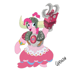Size: 2700x2600 | Tagged: safe, artist:ghouleh, character:pinkie pie, inktober, buff, clothing, crossover, dress, element of laughter, female, helmet, honorary yak horns, horned helmet, muscles, ork, power klaw, shoulder pads, simple background, smiling, solo, topknot, transparent background, viking helmet, warboss, warhammer (game), warhammer 40k