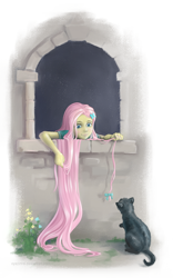 Size: 1200x1926 | Tagged: safe, alternate version, artist:vyazinrei, character:fluttershy, my little pony:equestria girls, cat, cat toy, female, long hair, looking at something, looking down, simple background, solo, transparent background, updated, window
