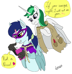 Size: 3337x3417 | Tagged: safe, artist:ghouleh, character:clover the clever, oc, oc:kody, species:alicorn, species:hippogriff, species:pony, cellphone, dialogue balloon, disapproval, element of magic, implied facesitting, mask, phone, ponytail, quill, reupload, rope, scroll, simple background, talon, tinder, transparent background