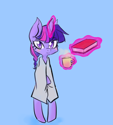 Size: 1000x1111 | Tagged: safe, artist:pyupew, character:twilight sparkle, species:pony, bipedal, book, clothing, coffee, female, magic, morning ponies, robe, solo