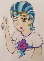 Size: 1920x2684 | Tagged: safe, artist:metalamethyst, character:indigo zap, my little pony:equestria girls, clothing, crystal prep shadowbolts, cutie mark, goggles, nail polish, nails, one eye closed, peace sign, piercing, shirt, t-shirt, traditional art, upper body, wink