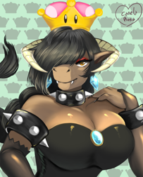 Size: 1300x1600 | Tagged: safe, artist:kitsunehino, oc, oc:melody strumvine, species:anthro, species:minotaur, big breasts, bowsette, breasts, choker, cleavage, clothing, commission, crown, digital art, dress, fangs, female, hair over one eye, huge breasts, jewelry, regalia, signature, smiling, solo, spiked choker, spiked wristband, super crown, wristband, ych result