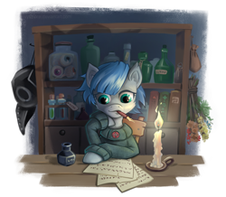 Size: 1240x1080 | Tagged: safe, artist:vyazinrei, species:pony, bookshelf, bouquet, candle, clothing, colt, green eyes, male, medication, merchant, nibpen, parchment, plague doctor mask, simple background, sitting, sweater, table, transparent background