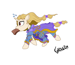 Size: 1500x1300 | Tagged: safe, artist:ghouleh, oc, oc only, oc:regal inkwell, species:pony, species:unicorn, bread, clothing, food, late, male, robe, running, school uniform, schoolgirl toast, simple background, solo, sweat, tail wrap, teenager, toast, transparent background, uniform