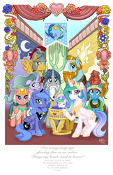 Size: 6600x10200 | Tagged: safe, artist:koolfrood, artist:tonyfleecs, character:flash magnus, character:meadowbrook, character:mistmane, character:princess celestia, character:princess luna, character:rockhoof, character:somnambula, character:star swirl the bearded, oc, oc:ian denney, species:alicorn, species:earth pony, species:pegasus, species:pony, species:unicorn, g4, absurd resolution, crib, equestrian flag, group photo, pillars of equestria, royal sisters