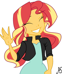 Size: 1613x1943 | Tagged: safe, artist:sparkling-sunset-s08, character:sunset shimmer, equestria girls:friendship games, g4, my little pony: equestria girls, my little pony:equestria girls, cute, eyes closed, female, shimmerbetes, simple background, smiling, solo, transparent background, waving