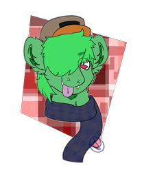 Size: 3800x4600 | Tagged: safe, artist:diane-thorough, oc, oc only, oc:sleepy sam, abstract background, bust, chibi, clothing, ear fluff, facial hair, fangs, gift art, goatee, hair over one eye, hat, portrait, scarf, simple background, solo, tongue out, transparent background