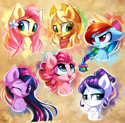 Size: 3265x3200 | Tagged: safe, artist:kaleido-art, character:applejack, character:fluttershy, character:pinkie pie, character:rainbow dash, character:rarity, character:twilight sparkle, species:earth pony, species:pegasus, species:pony, species:unicorn, alternate hairstyle, bow, braid, bust, chest fluff, cute, dashabetes, diapinkes, eye clipping through hair, female, flower, flower in hair, freckles, hair ribbon, jackabetes, looking at each other, looking down, looking up, mane six, mare, one eye closed, open mouth, rainbow dash always dresses in style, rainbow dash is not amused, raribetes, shyabetes, smiling, twiabetes, unamused