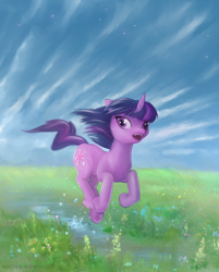 Size: 1200x1496 | Tagged: safe, artist:vyazinrei, character:twilight sparkle, character:twilight sparkle (unicorn), species:pony, species:unicorn, female, looking back, mare, open mouth, puddle, running, solo