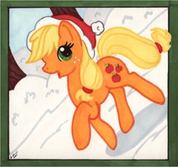 Size: 661x618 | Tagged: safe, artist:jenkiwi, character:applejack, species:earth pony, species:pony, christmas, clothing, female, frame, hat, mare, santa hat, snow, traditional art
