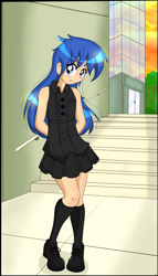 Size: 3685x6462 | Tagged: safe, artist:derpyramone, character:flash sentry, oc, oc:felicity sentry, species:human, absurd file size, absurd resolution, city, clothing, crossdressing, cute, femboy, girly, girly sentry, humanized, light skin, looking at you, male, miniskirt, not rule 63, pleated skirt, shoes, skirt, socks, solo, street, translation request, trap