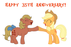 Size: 2250x1500 | Tagged: safe, artist:regularmouseboy, derpibooru original, character:applejack, character:applejack (g1), species:earth pony, species:pony, g1, g4, 35th anniversary, bow, duality, duo, duo female, eyes closed, female, generational ponidox, hoofbump, open mouth, ponidox, simple background, tail bow, transparent background