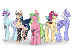 Size: 4500x3000 | Tagged: safe, artist:blacksky1113, character:indigo zap, character:lemon zest, character:sour sweet, character:sugarcoat, character:sunny flare, species:bat pony, species:changeling, species:earth pony, species:pegasus, species:pony, species:reformed changeling, species:unicorn, bat ponified, changelingified, commission, crystal prep shadowbolts, ear piercing, earring, equestria girls ponified, eyebrow piercing, eyeshadow, fangs, female, freckles, glasses, goggles, group, headband, headcanon, jewelry, lip piercing, makeup, mare, piercing, ponified, race swap, raised hoof, shadow five, simple background, snake bites, species swap, tattoo, white background