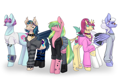 Size: 4500x3000 | Tagged: safe, alternate version, artist:blacksky1113, character:indigo zap, character:lemon zest, character:sour sweet, character:sugarcoat, character:sunny flare, species:bat pony, species:changeling, species:earth pony, species:pegasus, species:pony, species:reformed changeling, species:unicorn, bat ponified, boots, changelingified, choker, clothing, commission, crystal prep shadowbolts, ear piercing, earring, equestria girls ponified, eyebrow piercing, eyeshadow, fangs, female, freckles, glasses, goggles, group, headband, headcanon, hoodie, jacket, jewelry, leather jacket, lip piercing, makeup, mare, necklace, piercing, plaid skirt, pleated skirt, ponified, race swap, raised hoof, shadow five, shirt, shoes, simple background, skirt, snake bites, socks, species swap, spiked choker, spiked wristband, stockings, striped socks, sunny flare's wrist devices, sweater, t-shirt, tattoo, thigh highs, white background, white socks, wristband