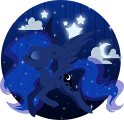 Size: 5000x4832 | Tagged: safe, artist:belka-sempai, character:princess luna, species:alicorn, species:pony, absurd resolution, cloud, crescent moon, cute, cutie mark, eyes closed, female, flying, freckles, hooves, horn, lineless, mare, moon, night, simple background, solo, spread wings, stars, transparent background, wings