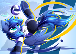 Size: 3636x2592 | Tagged: safe, artist:kaleido-art, oc, oc only, oc:lightning flare, species:pegasus, species:pony, ball, clothing, commission, ear fluff, male, shirt, shorts, signature, smiling, solo, sports, volleyball, wristband, zoom layer