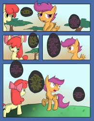 Size: 2511x3226 | Tagged: safe, artist:juanrock, character:apple bloom, character:scootaloo, species:earth pony, species:pegasus, species:pony, comic:element of loyalty, :o, comic, dialogue, female, filly, frown, lidded eyes, looking back, open mouth, raised hoof, scootalove, smiling, speech bubble, wide eyes