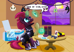 Size: 7016x4961 | Tagged: safe, artist:bbqninja501st, character:tempest shadow, oc, species:pony, absurd resolution, clothing, contact lens, cosplay, costume, female, fridge horror, hacksaw, halloween, holiday, jack skellington, mare, not tempest shadow, open up your eyes, smiling, solo, template, this will end in pain