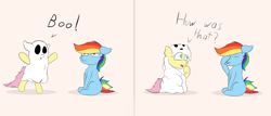 Size: 3500x1500 | Tagged: safe, artist:rainyvisualz, character:fluttershy, character:rainbow dash, bipedal, clothing, comic, costume, duo, excited, facehoof, flutterghost, ghost, missing cutie mark, pink background, simple background, sitting, standing, unamused