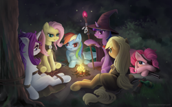 Size: 1920x1200 | Tagged: safe, artist:vyazinrei, character:applejack, character:fluttershy, character:pinkie pie, character:rainbow dash, character:rarity, character:twilight sparkle, bondage, bottle, bound, campfire, cape, captive, clothing, eyepatch, firefly, gun, hat, kidnapped, mace, magic staff, mane six, night, outdoors, peril, robbery, rope, rope bondage, shotgun, story in the description, sword, tied up, tree, weapon, witch hat