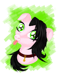 Size: 3832x5002 | Tagged: safe, artist:silviawing, oc, oc only, species:pony, black hair, bust, collar, cyrillic, female, food, green background, green eyes, mare, meat, meme, meme face, original species, pig, pig pony, pork, portrait, russian, simple background, solo, svinota, tongue out