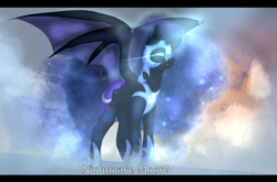 Size: 3000x1980 | Tagged: safe, artist:sora-choi, character:nightmare moon, character:princess luna, species:alicorn, species:bat pony, species:pony, bat ponified, bat wings, constellation, cutie mark, ethereal mane, female, galaxy mane, jewelry, letterboxing, lunabat, mare, race swap, regalia, scene interpretation, solo, spread wings, text, wing claws, wings