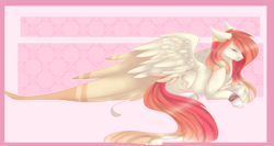 Size: 2535x1352 | Tagged: safe, artist:sora-choi, character:fluttershy, species:pegasus, species:pony, g5 leak, abstract background, big wings, chest fluff, cutie mark, female, floppy ears, fluttershy (g5), mare, prone, redesign, solo, wings