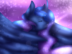 Size: 1600x1200 | Tagged: safe, artist:sora-choi, character:princess luna, species:alicorn, species:pony, curved horn, dappled, ethereal mane, eyes closed, female, freckles, galaxy mane, horn, mare, missing accessory, smiling, solo, spread wings, stars, wings