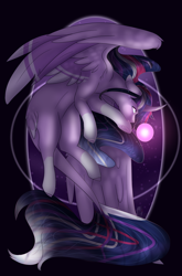 Size: 1352x2048 | Tagged: safe, artist:sora-choi, character:twilight sparkle, character:twilight sparkle (alicorn), species:alicorn, species:pony, g5 leak, alicornified, black background, crying, curved horn, female, horn, leonine tail, long tail, mare, missing cutie mark, orb, race swap, redesign, simple background, socks (coat marking), solo, tail feathers, twilight sparkle (g5)
