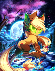 Size: 2700x3500 | Tagged: safe, artist:kaleido-art, character:applejack, female, glowing eyes, looking at you, moon, night, solo, species swap, timber pony, timber wolf, timber wolfified, timberjack, tree