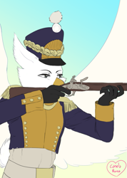 Size: 479x671 | Tagged: safe, artist:kitsunehino, oc, oc only, oc:felix, species:griffon, avian, clothing, flintlock, gloves, infantry, musket, musketeer, napoleonic wars, simple background, solo, uniform, weapon, wings