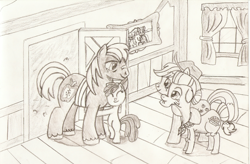 Size: 1500x981 | Tagged: safe, artist:pageturner1988, character:apple bloom, character:applejack, character:big mcintosh, character:granny smith, species:earth pony, species:pony, newbie artist training grounds, apple family, bandage, cute, female, filly, foal, grayscale, hug, male, mare, monochrome, pencil drawing, quartet, reunion, stallion, teary eyes, traditional art