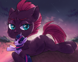 Size: 1600x1280 | Tagged: safe, artist:hollybright, character:tempest shadow, character:twilight sparkle, character:twilight sparkle (alicorn), species:alicorn, species:pony, species:unicorn, blank flank, blep, broken horn, cute, eye scar, female, horn, mare, prone, scar, silly, tongue out