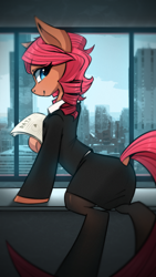 Size: 1024x1820 | Tagged: safe, artist:l8lhh8086, oc, oc only, species:earth pony, species:pony, business suit, businessmare, clothing, dock, female, looking back, mare, office clothes, pantyhose, paper, skirt, skirt suit, smiling, solo, suit